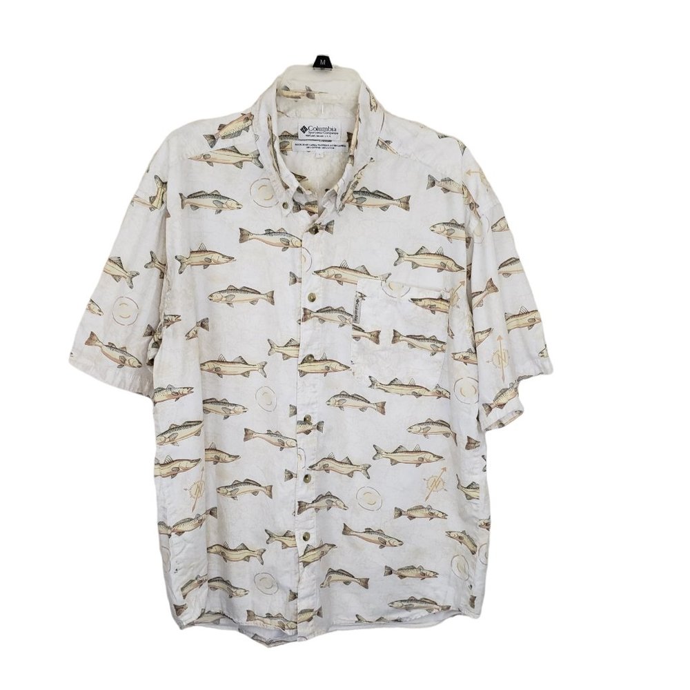 Columbia Men's Sz Large Fish Print Button Down Short Sleeve Pocket Shirt